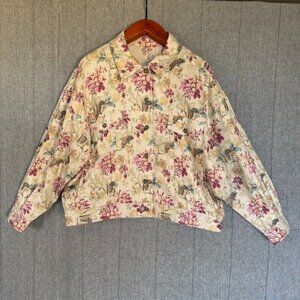 100% Linen Oatmeal Burgundy Blue Sage Green Brown Floral Print Jacket Size XL